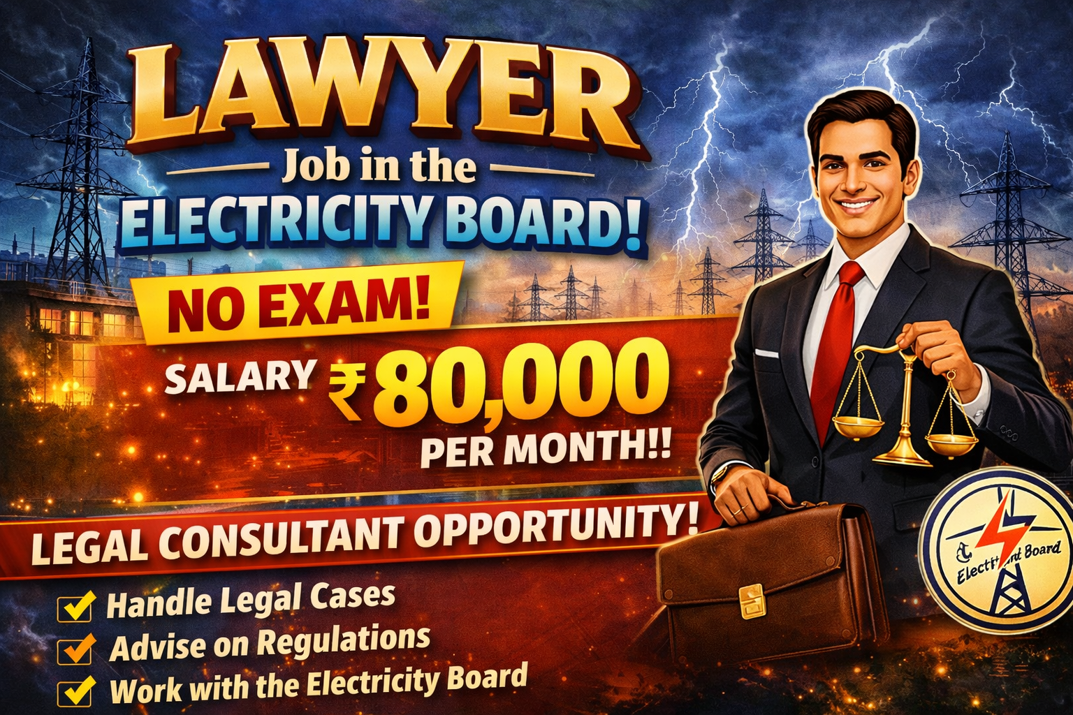 ‘Lawyer’ job in the Electricity Board. No exam! Salary of Rs. 80,000 per month? Legal consultant opportunity!